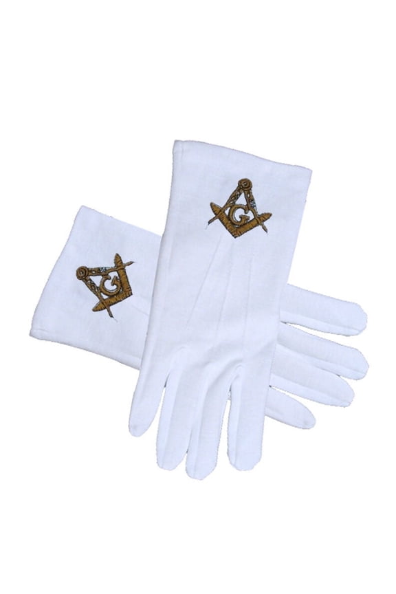 Masonic Regalia - Standard Gold Style Compass Face Cotton White Gloves