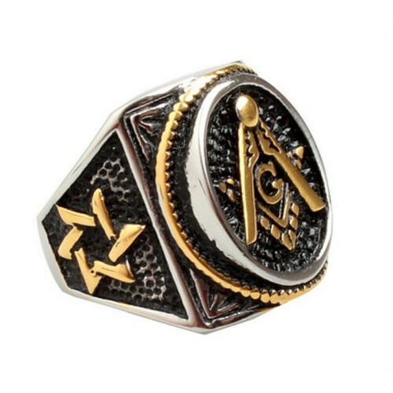 Masonic Rings Duo-tone Jewish Star of David Steel w/ Gold Freemason