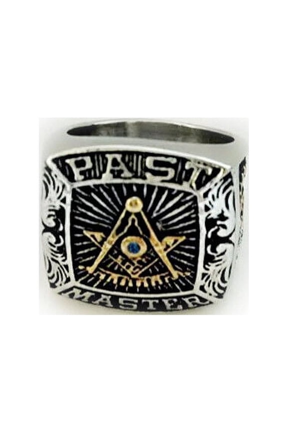 Masonic Rings Steel Silver Tone Past Master Freemason Ring. Gold Plated Top