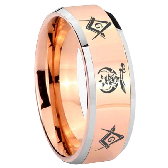 Masonic Shriners Beveled Edge Rose Gold Tungsten Engraved Ring 10MM