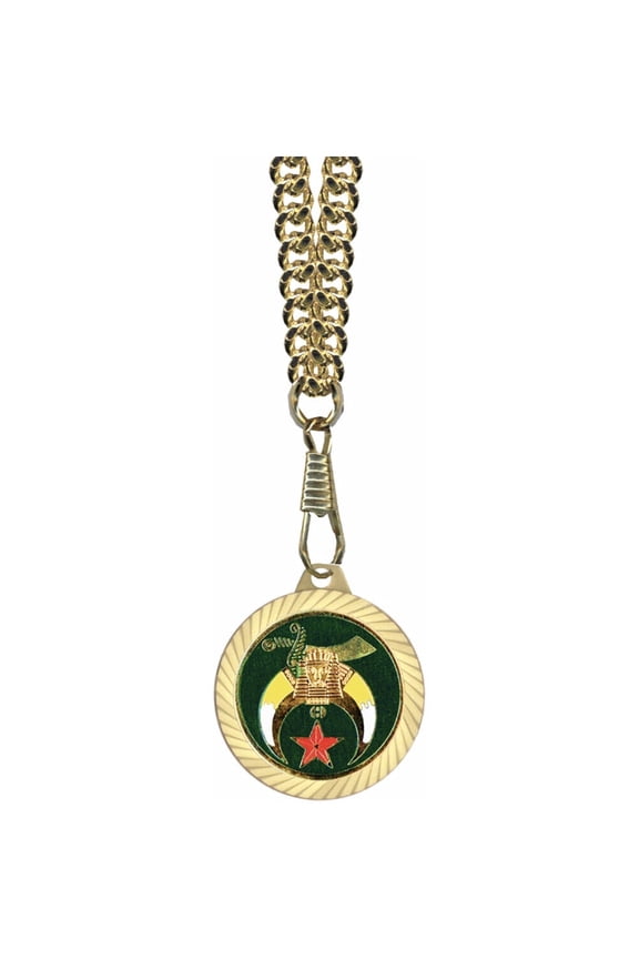 Masonic Shriners Round Green & Gold Color Rimmed Pendant w/ Necklace
