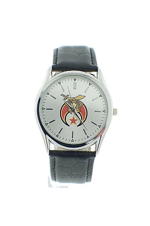 Masonic Shriners Watch - Silver Face Black Leather Band - Masonic Watches