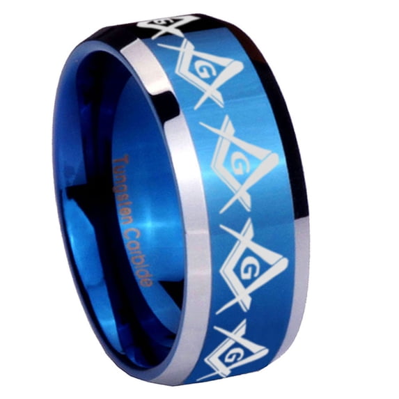 Masonic Square 8MM Beveled Edge Blue Tungsten Men Ring