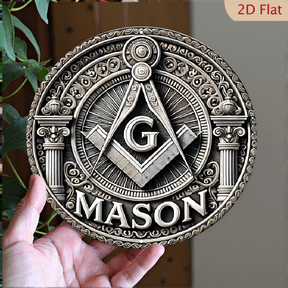 Masonic Symbol Wall Art Round Metal Emblem 8x8 Inch Aluminum Plaque Square and Compasses Monochromatic Silver Decorative Sign for Home Office Decor
