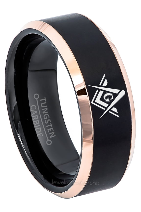 Masonic Tungsten Ring - Freemason Masonic Symbol Ring - 8MM 2-Tone Beveled Men's Tungsten Carbide Ring TN781MSs11
