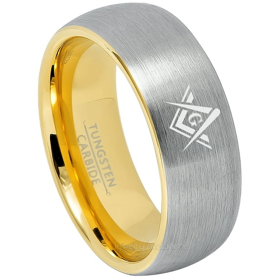 Masonic Tungsten Ring - Freemason Masonic Symbol Ring - 8MM 2-Tone Yellow Gold Dome Men's Tungsten Carbide Ring TN738MSs8.5