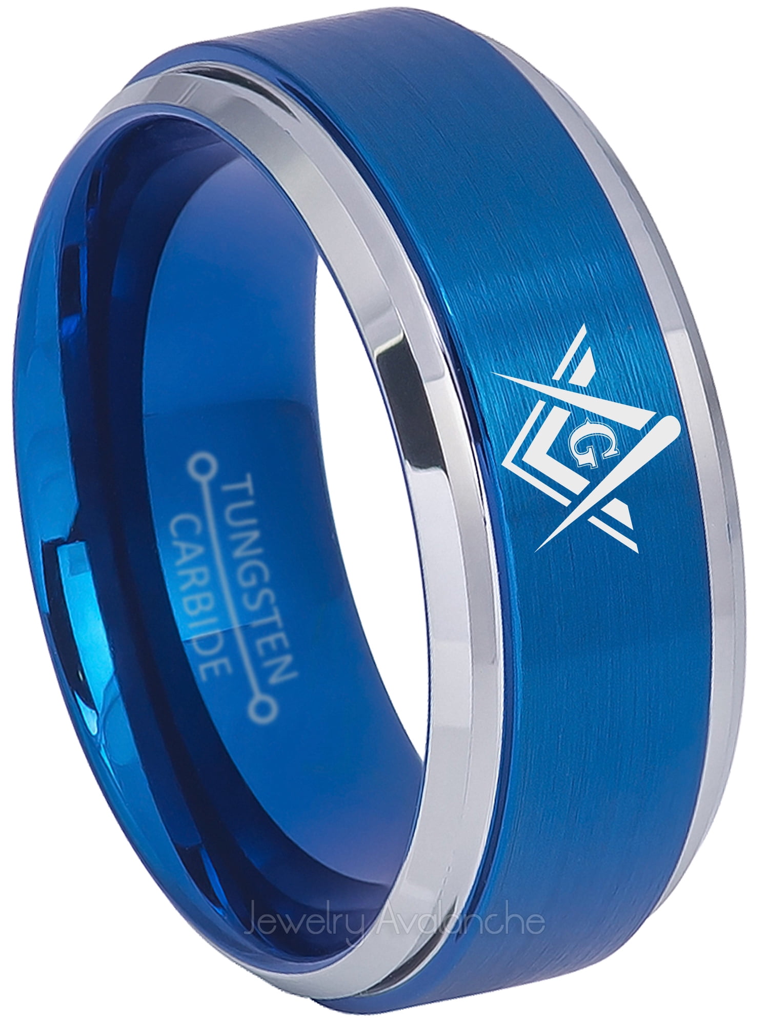 Men's Black & Blue Tungsten Carbide Ring - Brushed Finish With Masonic Compass & Square Symbol (Free Engraving)