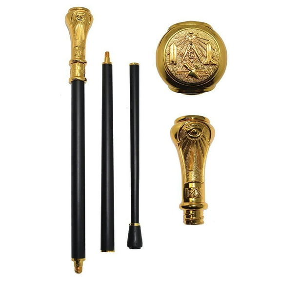 Masonic Walking Cane (37") - Gold Color Round Tip Top Cane / Free Mason Gift
