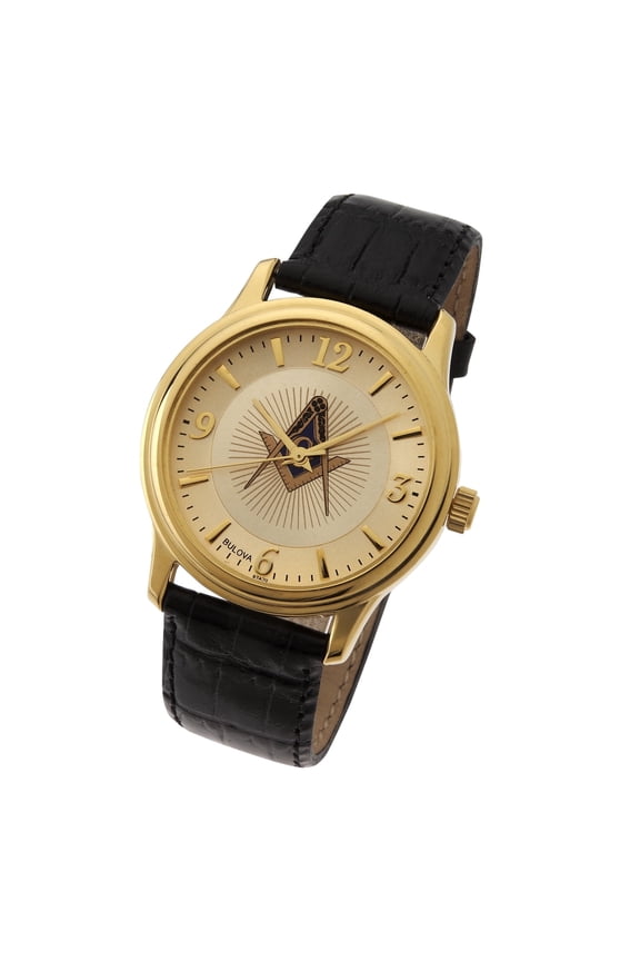 Gold-Tone Masonic Watch with Black Leather Strap