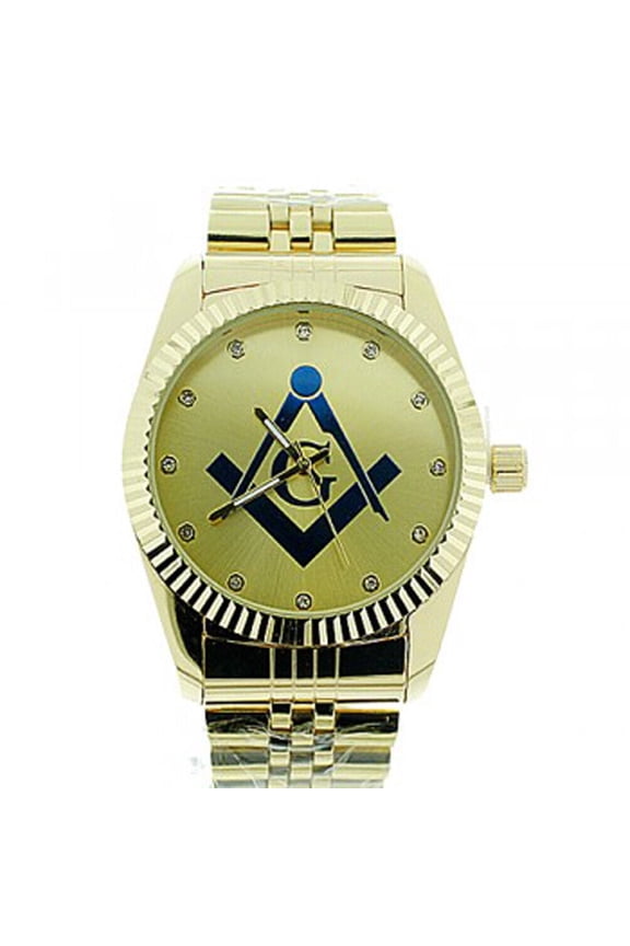 Masonic Watch - Dark Masonic Logo Compass & Square - Gold Color Steel Band - CZ