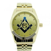 Masonic Watch - Dark Masonic Logo Compass & Square - Gold Color Steel Band - CZ