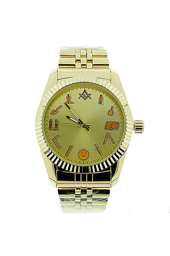 Masonic Watch - Gold Tone Steel Watch Round Dial Watch Artistic Working Tools