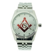 Masonic Watch - Red Lodge Masonic Logo Compass & Square -Silver Color Steel Band