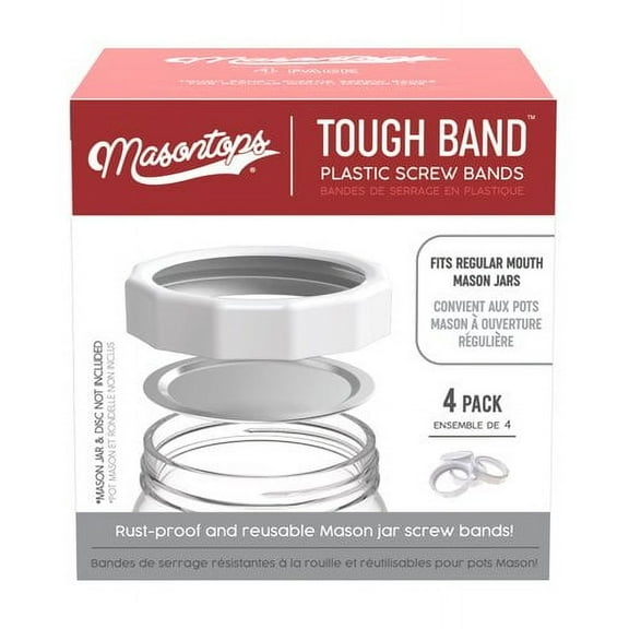 Masontops Tough Band - Regular Mouth Mason Jar Screw Bands - Superior Quality Plastic Replacement Ring Seals & Jar Covers