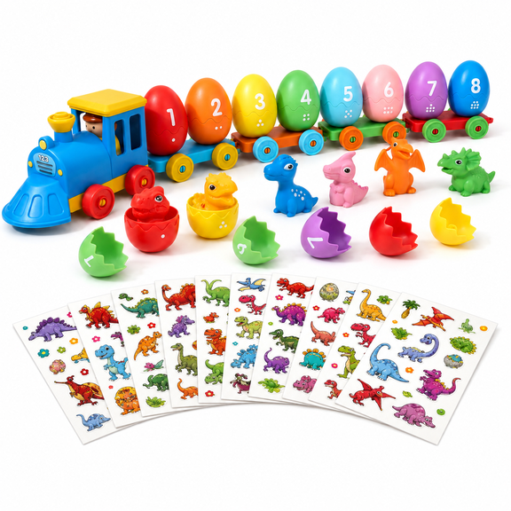 Maspost Dinosaur Number Train Toy 18 Piece Set, Toddler Learning Train with Number Eggs, Dinosaur Figures and 10 Sticker Sheets Ages 18+ Months