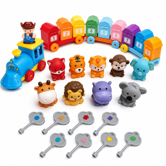 Maspost Montessori Farm Train Learning Toy for Toddlers, 9 Numbered Barns, 9 Animal Finger Puppets & 10 Shape Keys, Ages 2-5