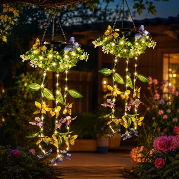 Maspost Solar Butterfly Garden Lights, 2 pack Hanging LED Lanterns with Flowers, IP65 Waterproof Decor for Patio Yard Parties