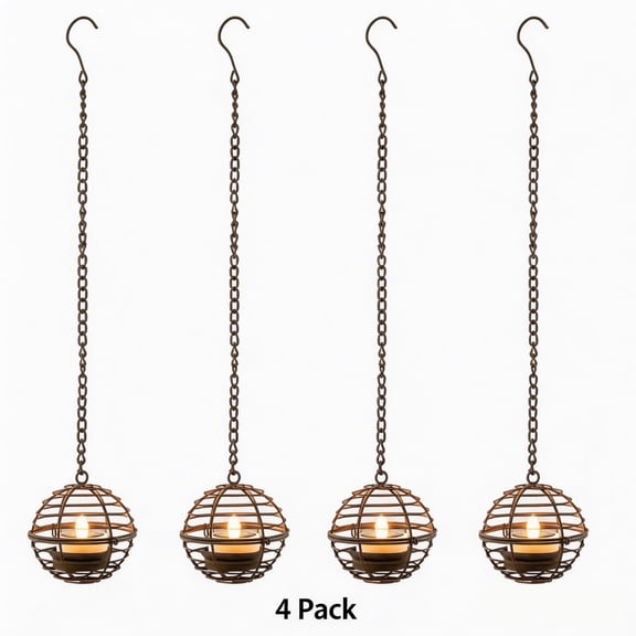 Maspost 4-Pack Solar Hanging Lanterns, Outdoor Waterproof Iron Ball Candle Holders with Flickering Amber LED Tea Lights, Solar Garden Patio Decor