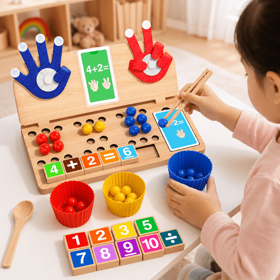 Maspost Wooden Math Counting Toy, Arithmetic Learning Board with Beads, Number Blocks, Cards, Ages 3+
