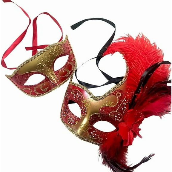 MasqStudio Couples Black Gold Masquerade Ball Mask Pair Feather Mardi Gras Party Valentines Gift for Her