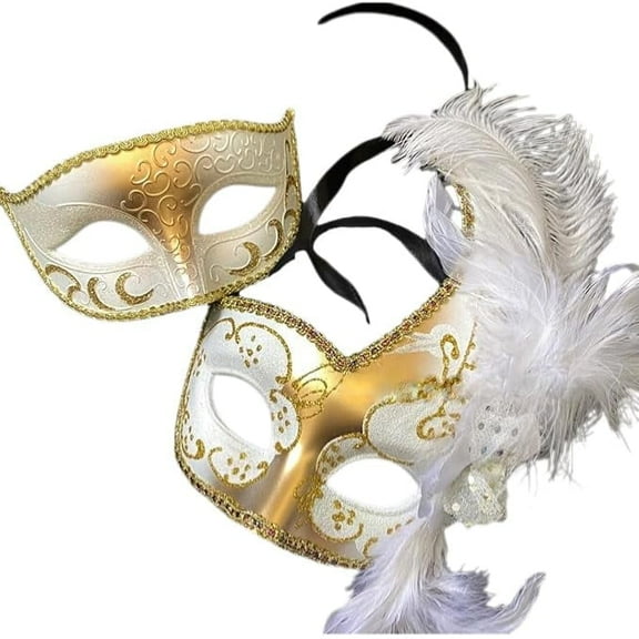 MasqStudio Couples Black Gold Masquerade Ball Mask Pair Feather Mardi Gras Party Valentines Gift for Her