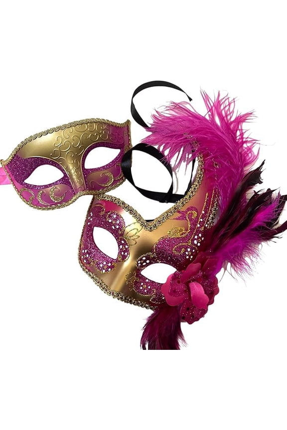 Studio Couples Fuchsia Masquerade Ball Mask Pair Feather Mardi Gras Party Valentines Gift for Her (Fuchsia Gold), 6X8