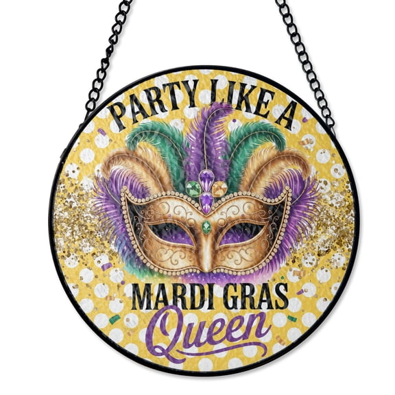 Masquerade Ball Mardi Gras Stained Glass Suncatcher UV Printed Glass, Carnival Costume Decor, Round