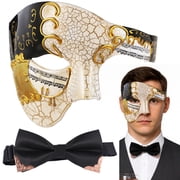 Masquerade Cover for Men, Half Face Cover with Bowtie, Black and Gold Plastic Venetian Cover, Vintage Party Costume Accessories for Party