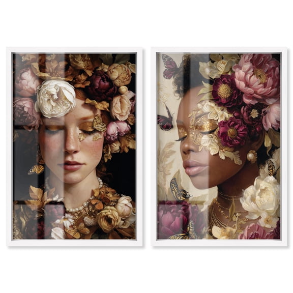 Masquerade Dreams Set Shadowbox Print Floral Wall Art Set by Art Remedy, White Frame, 10 x 15