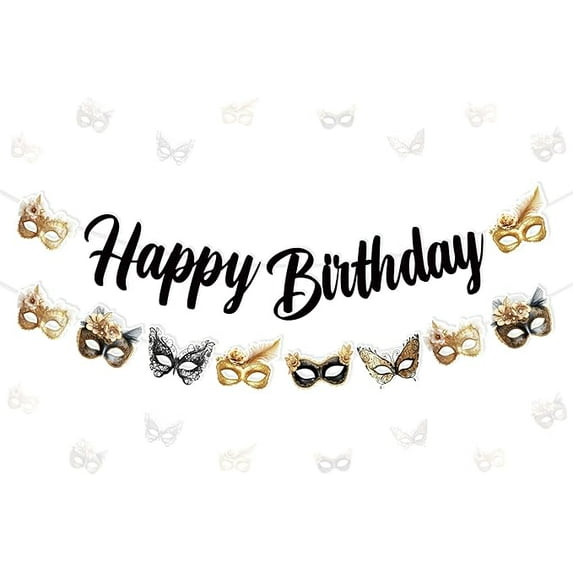 Masquerade Happy Birthday Banner with Masquerade Banner, Masquerade Ball Birthday Party Decorations for Women, Carnival Dance Party Photography Background Supplies