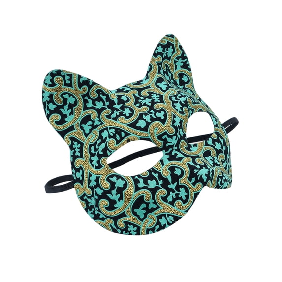 Masquerade Mask Black Base Teal and Gold Cat Ear Design for Halloween Mardi Gras Party One Piece Accessory for Adults and All Ages