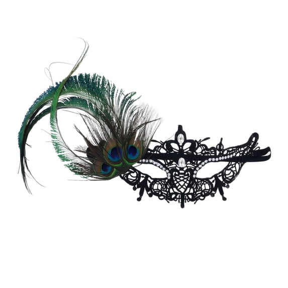 Masquerade Mask Black Lace Design Peacock Feather Rhinestone Accent Single Piece for Parties Prom Halloween and Carnival Events