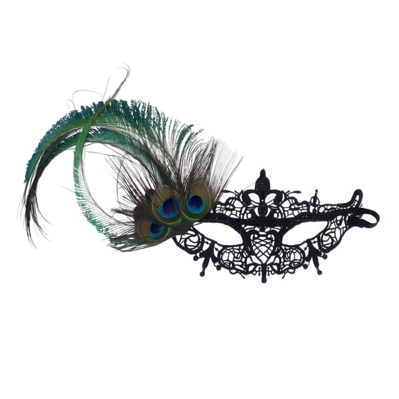 Masquerade Mask Black Lace Design with Peacock Feathers for Women for Prom Halloween and Party Events