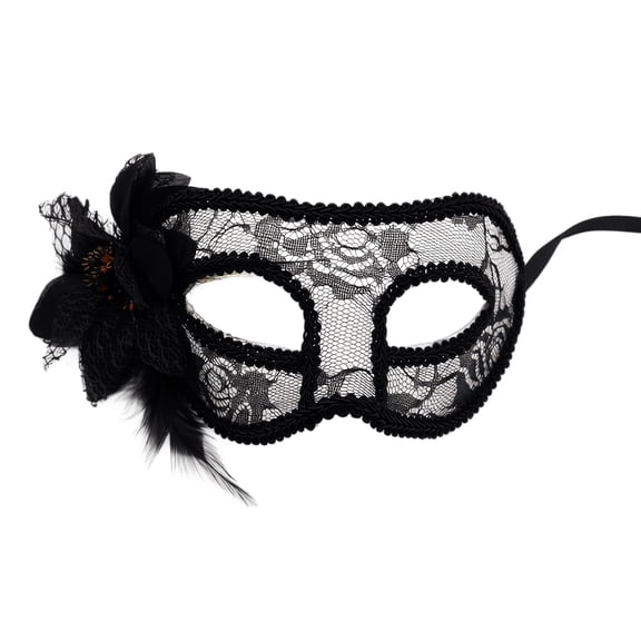Masquerade Mask Black Lace Feather Flower Design for Women Single Piece for Halloween Prom and Formal Events