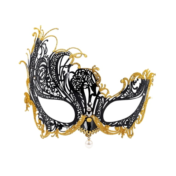 Masquerade Mask Black and Gold Metal Filigree Design for Women Halloween Party Ball and Themed Event Accessory