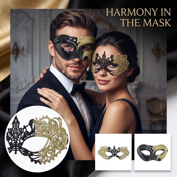 Masquerade Mask for Couples 2 Pack, Black and Gold Masquerade Masks, Halloween Masks for Masquerade Party, Accessory for Masquerade Balls and Themed Events