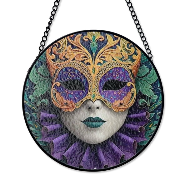 Masquerade Mask Faux Stained Glass Suncatcher Window Hanging Mardi Gras Ornate Multicolor