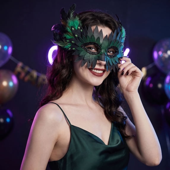 Masquerade Mask Green Feather Leather 9 Inch Venetian Half Face Mask for Masquerade Party Mardi Gras Halloween Accessory, 1 Pack