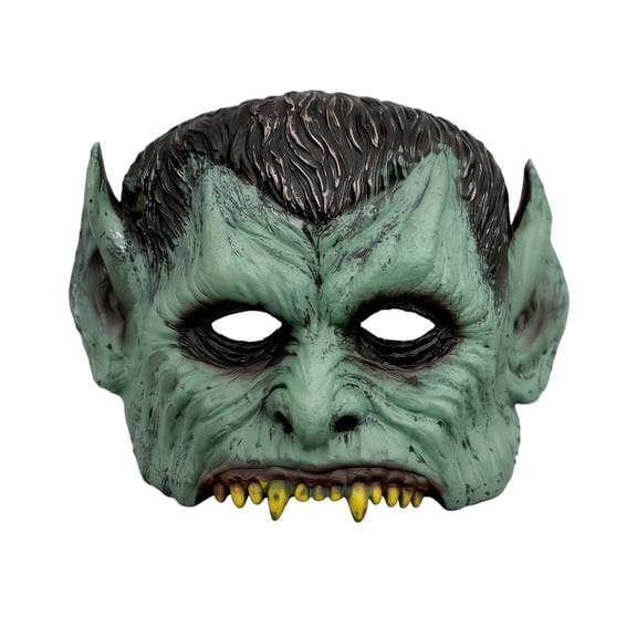 Masquerade Mask Green Goblin Style with Pointy Ears Fanged Design for Adult Halloween Spooky Themed Party and Haunted House Props