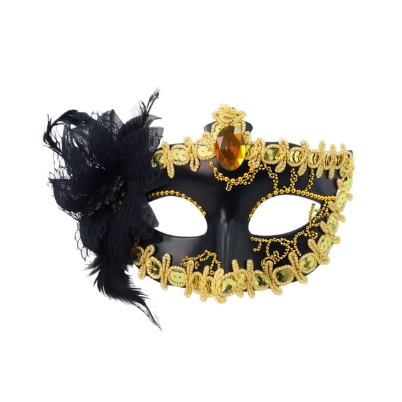 Masquerade Mask, Masquerade Mask for Women, Feather Masquerade Mask, Masquerade Eye Mask with Organza Flower, Half Face 8X4 Inch Rhinestone Trim Sequin Accent Mask for Halloween
