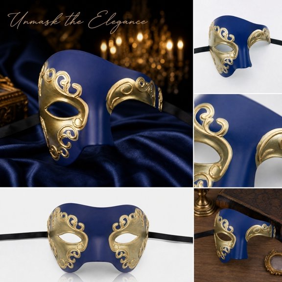 Masquerade Mask for Men Blue 7 Inch Venetian Masquerade Masks Gold Accent Half Face Mask for Masquerade Party Mardi Gras Themed Event Royal Accessory, 1 Pack