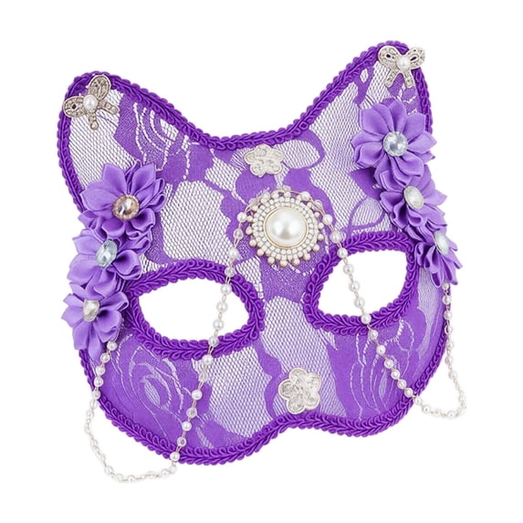 Masquerade Mask Purple Sheer Lace Cat Eye Design for Women with Floral Appliques Pearl Chains for Halloween Party Prom and Events