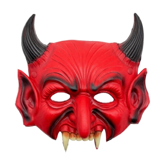 Masquerade Mask Red Demon Half Face Adult Mask with Devil Horns and Fangs for Halloween Themed Events and Parties
