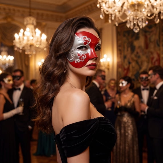 Masquerade Mask Red Silver 8 Inch Half Face Venetian Style Halloween Party Accessory for Masquerade Events Themed Gatherings, 1 Pack