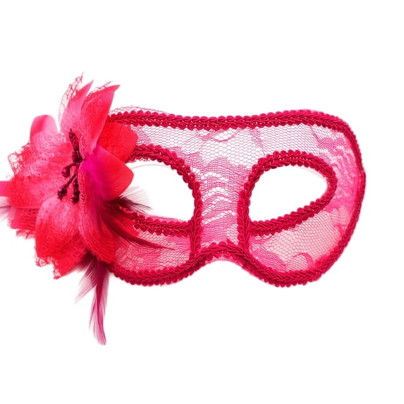 Masquerade Mask Rose Pink Sheer Lace Feather Flower Design for Women Halloween Prom Mardi Gras Party Accessory