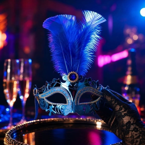 Masquerade Mask for Women Blue Venetian Masquerade Masks 10 Inch Feather Decorated Half Face Mask Accessory for Halloween Party Mardi Gras Events, 1 Pack