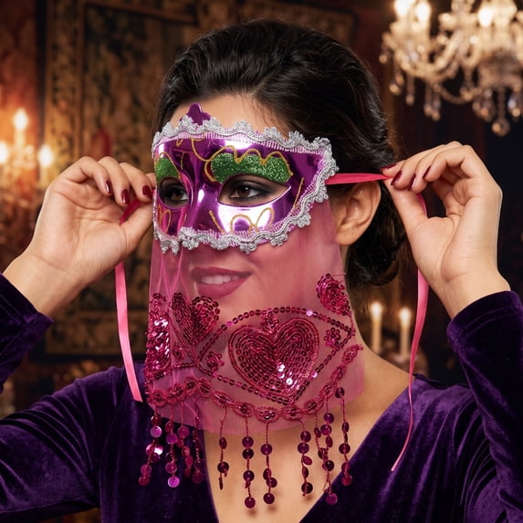 Masquerade Mask for Women Halloween Mask 12 Inch Lace Masquerade Mask Mysterious Masquerade Veil Mask Shiny Party Accessory for Masquerade Party Prom Mardi Gras Events Pink, 1