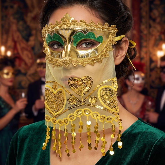 Masquerade Mask for Women Halloween Mask 12 Inch Masquerade Veil Mask Glitter Party Accessory for Masquerade Party Mardi Gras Prom Events Gold, 1 Pack