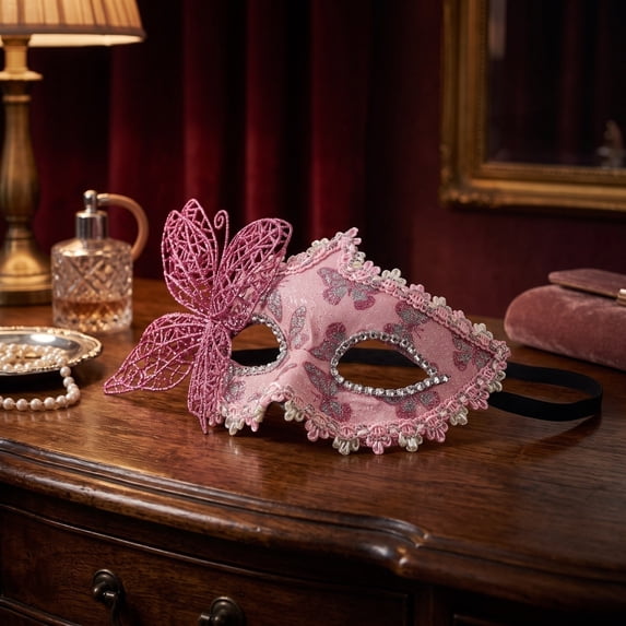 Masquerade Mask for Women Halloween Mask 7 Inch Lace Butterfly Mask Sparkly Masquerade Mask for Masquerade Party Prom Venetian Mask with Rhinestones Pink Accessory, 1 Pack