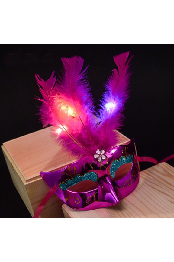 Masquerade Mask for Women Light Up Led Feather Mask Glitter Masquerade Mask with Rhinestones for Halloween Party Mardi Gras Prom Fancy Dress Magenta 1 Pack